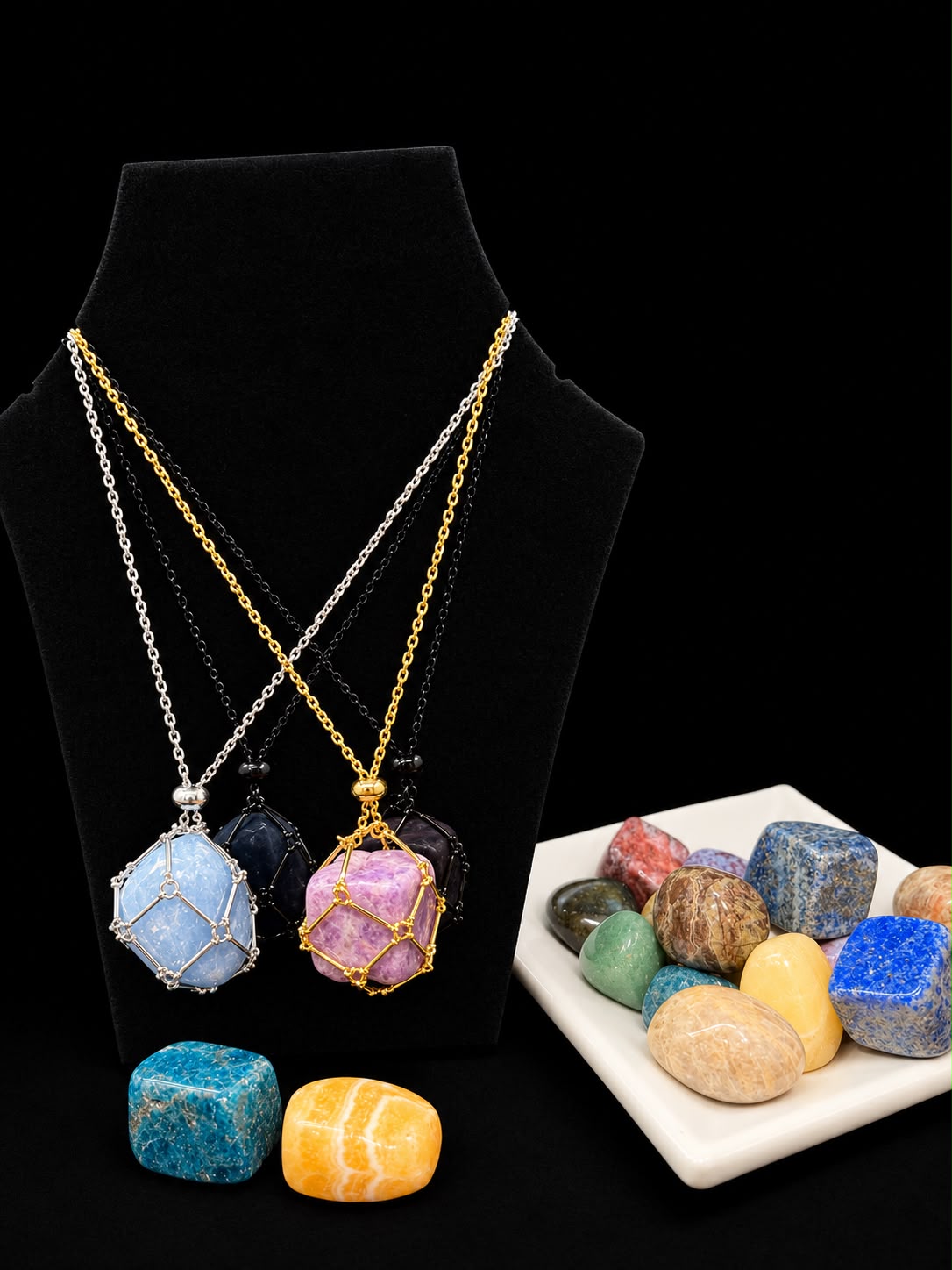 Gem Discovery Necklace Set showing the two available chain colours; each set includes one chain and four random gemstones