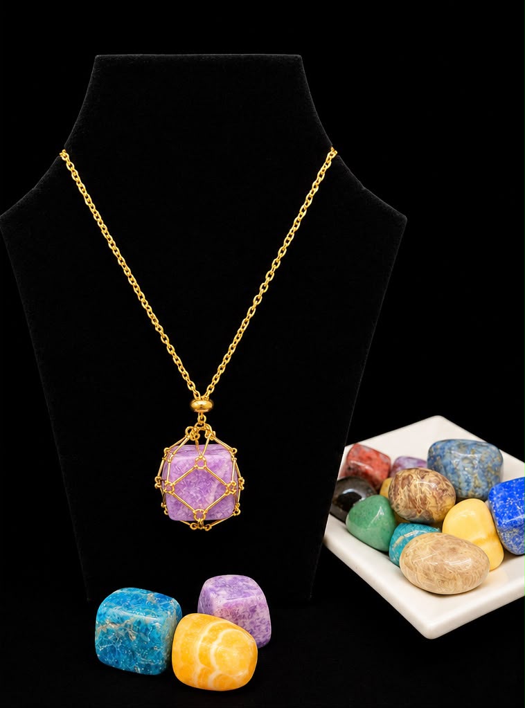 Gold coloured metal chain option with four example tumbled gemstones; background stones are for display
