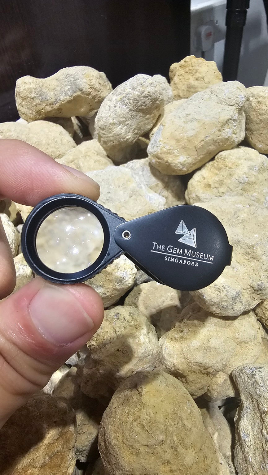 The Gem Museum Singapore branded 10× triplet loupe with a textured grip